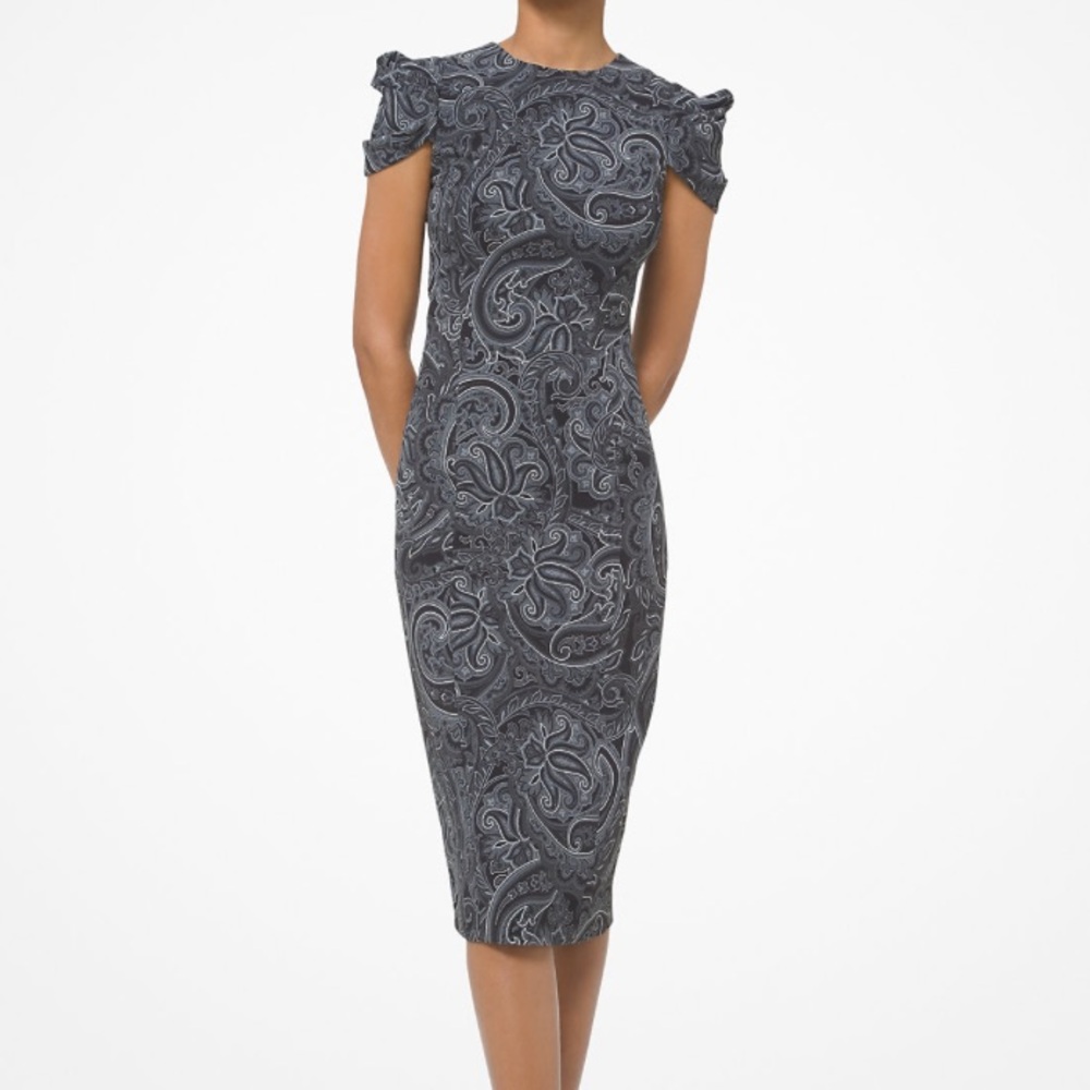 MICHAEL KORS COLLECTION Paisley Stretch Cady Draped-Sleeve Couture Dress. 4